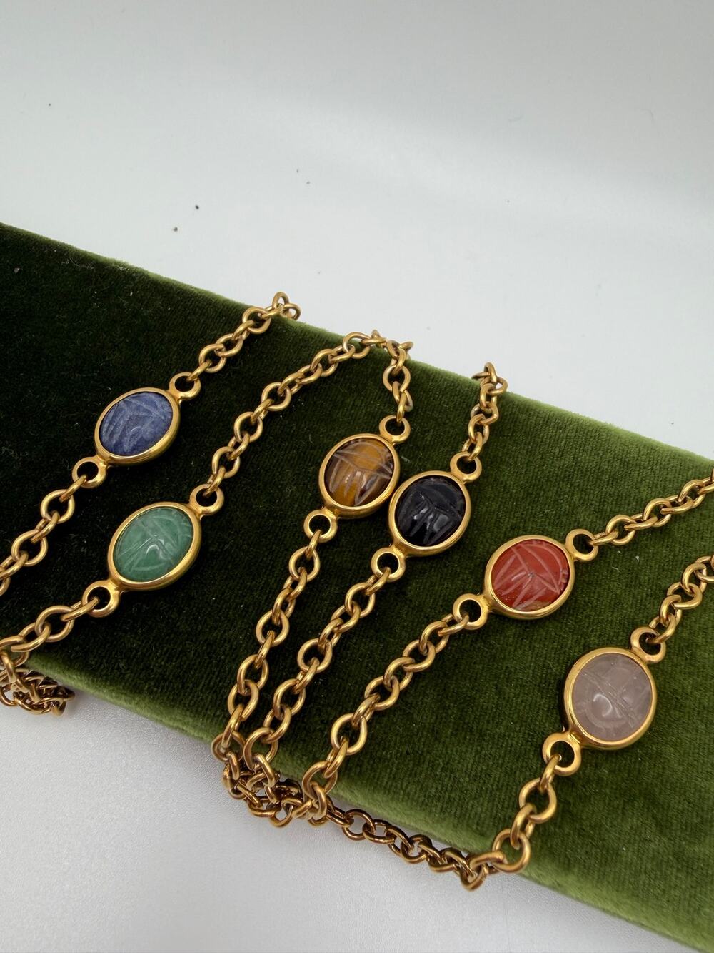 vintage multi-stone scarab station long chain necklace
